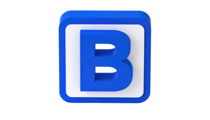 A 3D rendered blue letter "B" on a white square, enclosed in a blue frame against a solid black background