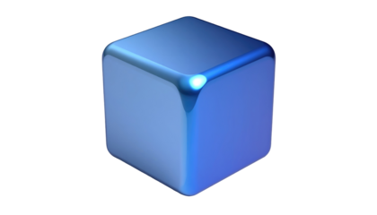 Glossy blue cube isolated on a black background, reflecting light on rounded edges, creating a modern geometric feel