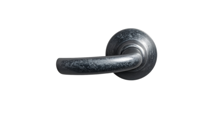 Metallic door handle, side view, appears used with some surface wear, isolated on black background