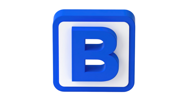 A 3D rendered blue letter "B" on a white square, enclosed in a blue frame against a solid black background - Powered by Adobe