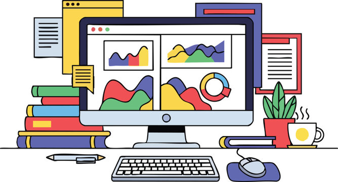 Desk setup with computer displaying colorful charts and graphs stacked books and coffee mug on a white background