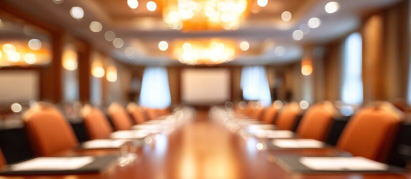 A camera has captured an image of a meeting room which appears blurred with a focus on the boardroom where a seminar conference or convention is taking place The image contains empty space