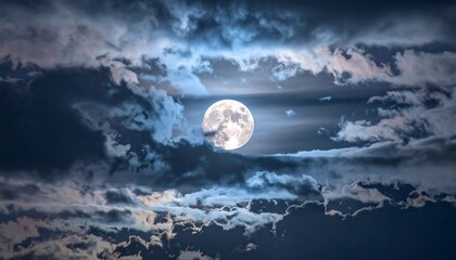 A luminous, full celestial body glows brightly, framed by a thick, moody, and textured cloudscape at twilight. Dramatic atmosphere