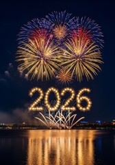 Fototapeta premium Fireworks Display for Year 2026 - Colorful fireworks illuminate the night sky over a city reflected in the water, with sparklers forming the number 2026