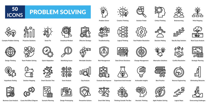 Problem Solving Line Icon Set. Problem Solver, Creative Thinking, Solution Finder, Critical Thinking, Brainstorming, Mind Mapping, Root Cause
