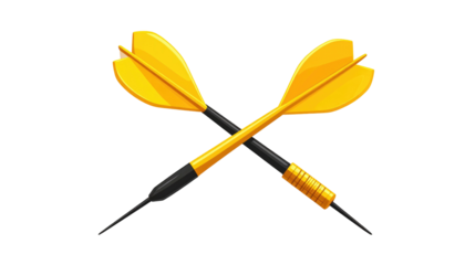 Two crossed golden darts with black points and shafts are set against a solid black background