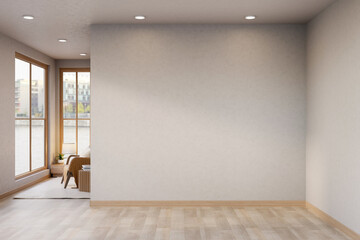 White wall on wood parquet floor corridor hallway and corner room with chair and table aside window.