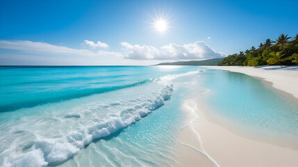 A sun kissed beach with soft snow white sand and turquoise water