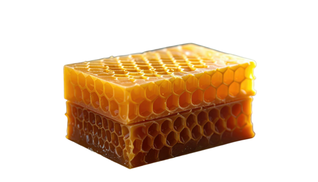 Amber-colored honeycomb block stacked on a reflective surface, against a black background - Powered by Adobe