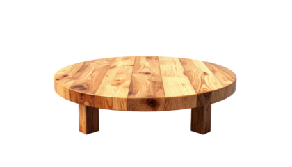 Round, light-brown wood table with short legs on a black backdrop, centered and simple in composition