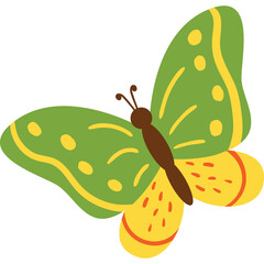 Whimsical Green and Yellow Butterfly Illustration with Brown Body and Orange Accents on a Transparent Background
