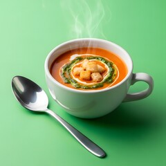 A steaming bowl of tomato soup garnished with herbs and croutons, placed on a vibrant green background with a silver spoon beside it