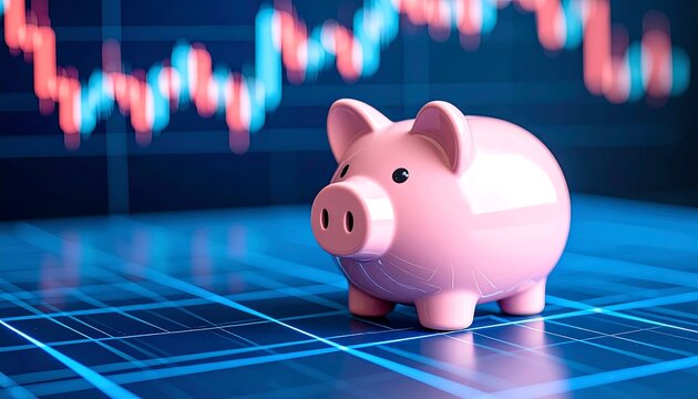 A pink ceramic piggy bank sits in focus, contrasted against a blurred background of a financial data graph in shades of red and blue