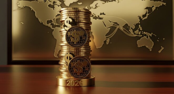 Global Finance Growth with Coins and World Map - Coins stack with world map symbolizing global finance growth, investment, success, prosperity, and international business