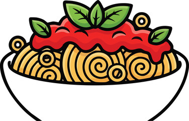 A Bowl Of Spaghetti With Red Sauce And Green Basil Leaves On Top In A White Bowl