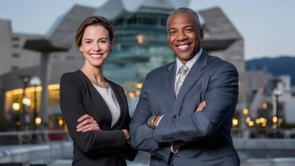 Confident Professional Duo: Portrait of two business individuals exuding confidence, standing side-by-side against a modern building backdrop.