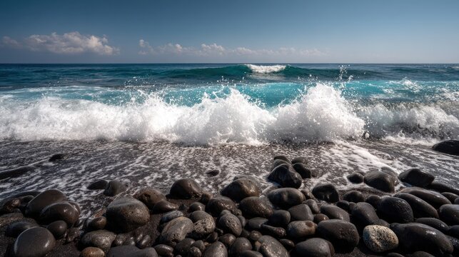 A rocky beach with waves crashing onto the shore, creating white foam and splashing water, with a clear blue sky and distant clouds in the background. - Powered by Adobe