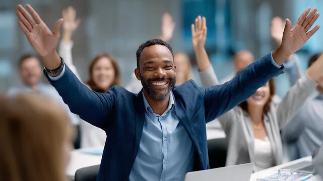 Unison of Enthusiasm: A confident individual exudes joy and triumph, as the team rallies around in unified celebration and enthusiastic gesture.
