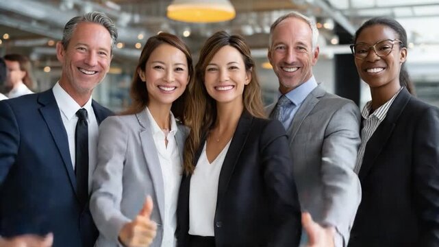 Team Harmony: A dynamic and diverse team of business professionals radiates positivity, embodying teamwork. They project an aura of confidence and cooperation within a contemporary workspace.
