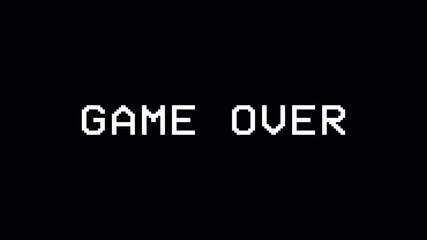 Game Over glitch animation on black background, retro pixel-style text distortion with digital noise effects, classic arcade failure screen motion graphic for transition - Powered by Adobe