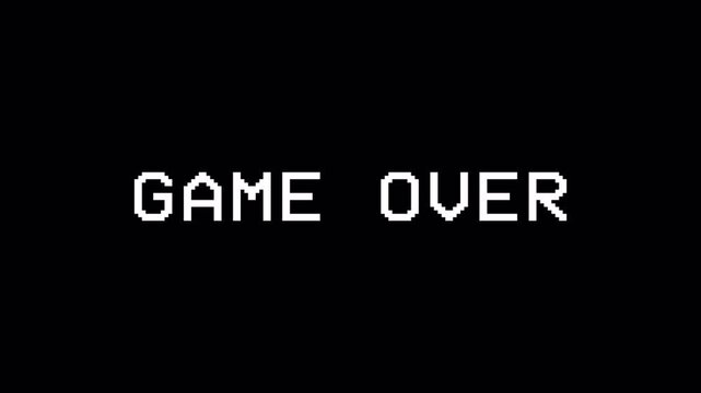 Game Over glitch animation on black background, retro pixel-style text distortion with digital noise effects, classic arcade failure screen motion graphic for transition - Powered by Adobe