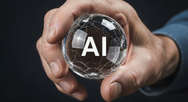 Hand holding cracked crystal ball with A I image - Powered by Adobe