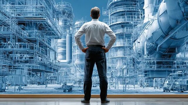 Visionary's Gaze: A decisive individual stands, surveying a vast and intricate industrial complex, embodying leadership and strategic insight. 