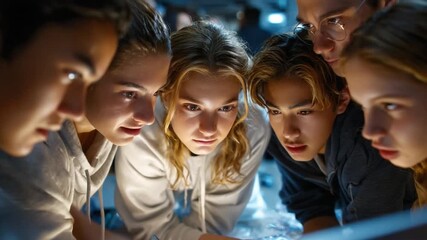 Intense Curiosity: Group of Teens Engrossed in Examination. A gathering of teenagers, their faces illuminated with a blend of curiosity and intensity, huddle closely together.