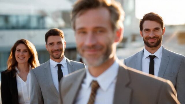 Power Dynamics: A confident team of professionals, dressed in tailored suits, stands united, their expressions reflecting ambition and authority.