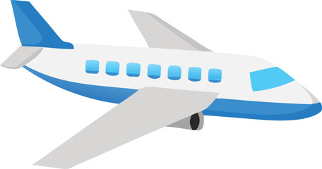 A simple illustration of a white and blue airplane in a flight pose