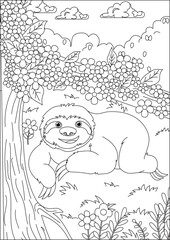 Naklejka premium Sloth Coloring Page Black And White Outline Forest Vector
