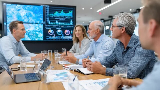Strategic Discussions in Boardroom: A group of professionals engages in focused discussions, the room buzzing with collaborative energy, charts on display, symbolizing data-driven decisions.