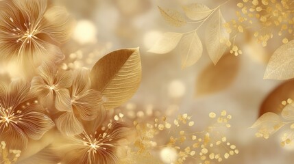Golden floral arrangement with leaves and flowers on a blurred, bokeh background