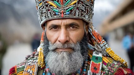 A Gaze into Tradition: An elder, adorned in vibrant traditional attire and elaborate headwear, gazes intently into the distance. This portrait celebrates heritage and cultural expression.