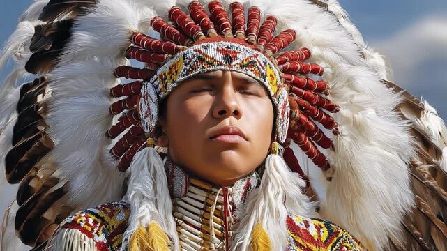 Majestic Chief: A native figure adorned in traditional attire, reflecting on the sacred heritage, honoring the ancestors, and the legacy of the tribe
