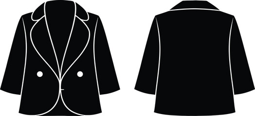 Black blazer front and back view, formal fashion jacket with notched collar, buttons, flap pockets, vector illustration for clothing design and branding
