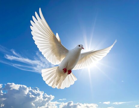 A white dove flies with wings spread wide against a bright sunburst and a vibrant blue sky with fluffy clouds