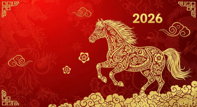 Golden Horse Lunar New Year 2026 - Elegant lunar new year design featuring a golden horse. Red background symbolizes prosperity, gold represents wealth, clouds signify good fortune, and flowers
