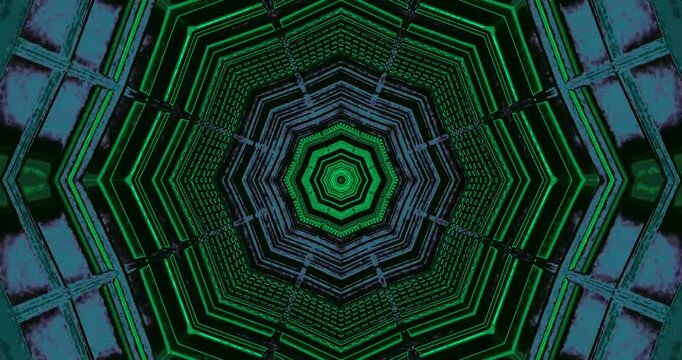 Experience a captivating tunnel video loop filled with vibrant green patterns and dynamic geometric designs creating an immersive visual journey. Perfect for screensaver purposes.
