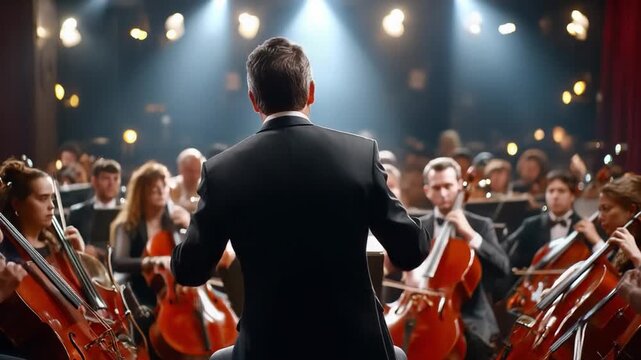 Orchestral Harmony: A conductor leads a vibrant orchestra, his poised silhouette against a backdrop of musicians engrossed in their craft, illuminating the shared musical journey.