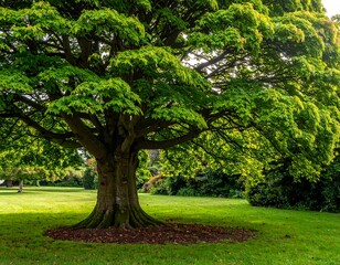 Obraz premium A grand tree with lush green foliage spreads over a grassy lawn