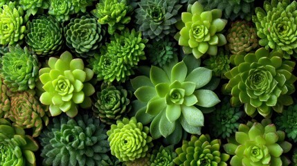 A vibrant display of succulent plants, predominantly green with a few red ones, arranged in a lush, layered arrangement against a neutral background.