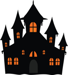 A spooky black silhouette of a haunted castle with glowing windows is shown