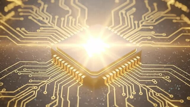 Closeup of a central processing unit cpu chip with ai inscribed, surrounded by glowing circuit board pathways, representing artificial intelligence