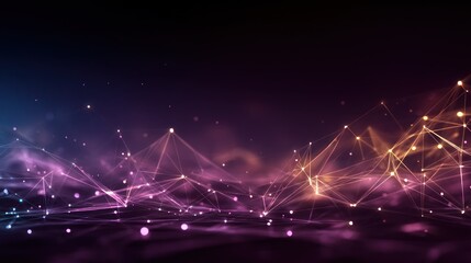 A vibrant, abstract digital network with glowing, interconnected points and lines against a dark, starry background.
