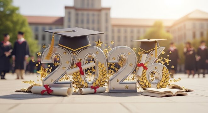 Graduation Year Celebration Design - A festive graduation themed design showcasing the year 2026 with graduation caps, diplomas, and gold decorations.