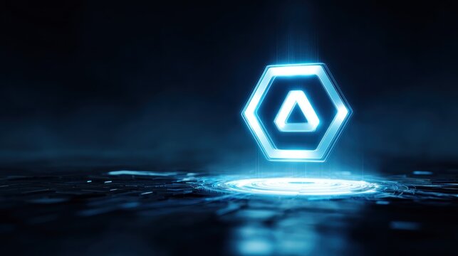 A glowing blue hexagonal logo with a triangular symbol in the center, set against a dark, foggy background with a circular, glowing light in the foreground. - Powered by Adobe