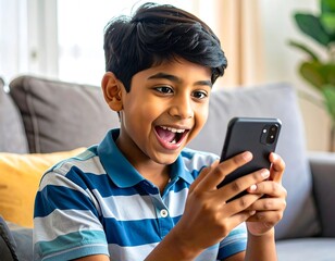 A young boy, grinning with excitement, holds and gazes at a smartphone. He's seated on a couch indoors, a yellow pillow beside him