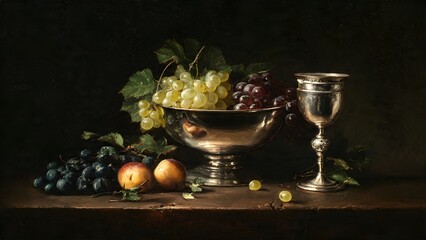 Classic Oil Painting Still Life with Grapes, Peaches, and Silver Goblet on Dark Background © Beast Frame
