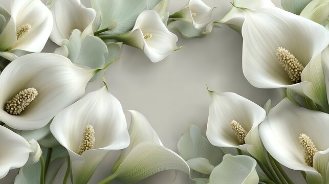 Awesome photo of elegant calla lily flowers arranged in a circle on a white background.